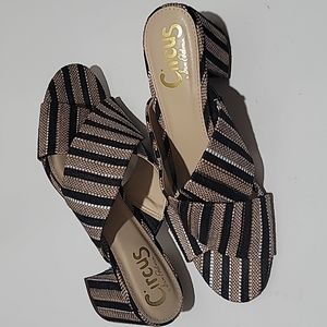 SAM EDELMAN CASUAL FALL LADYLIKE MULES TAN STRIPE SLIP ON BLOCK HEEL SANDAL 8.5M